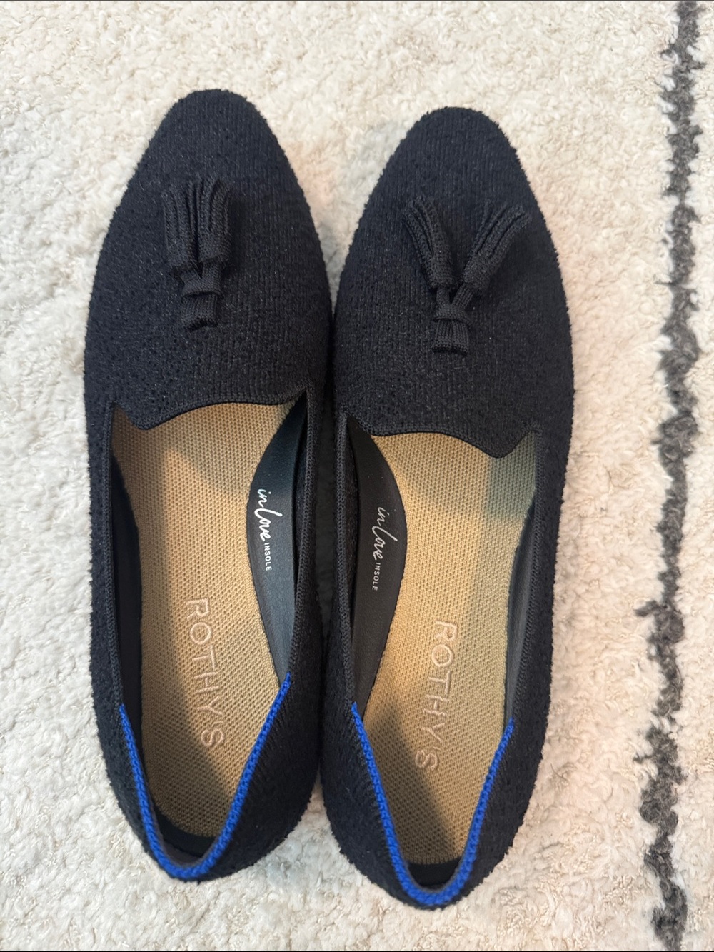 Rothy's Black Knit Tassel Loafers with Blue Trim